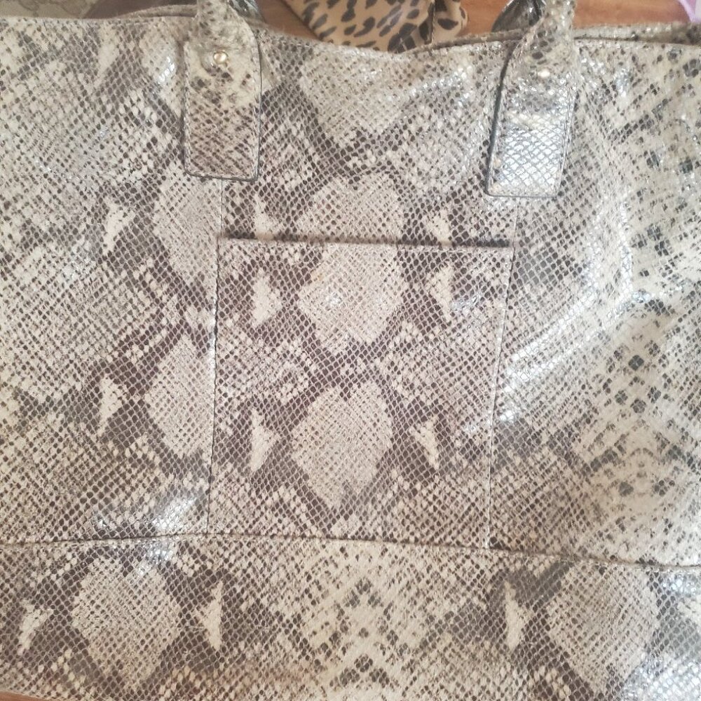 Halogen genuine leather snake embossed tote brown/light tan soft fabric lining